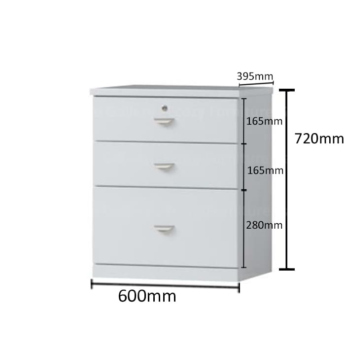 The detail dimension of white color 3-tier drawer cabinet