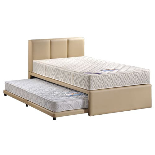 a beige color of 3 in 1 bed frame with a single size of pull out bed and spring mattress bundle package