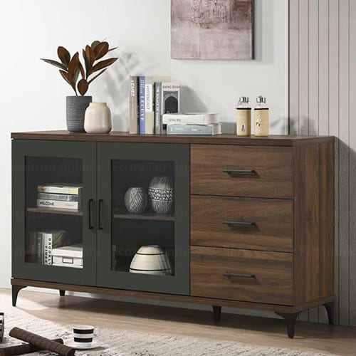 Buffet hutch with a combination of colombia oak finish and contrasting grey accents