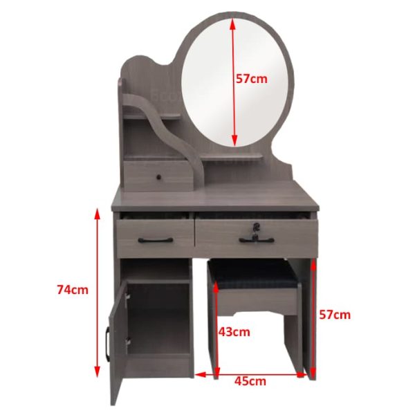 The detail dimension of Dressing Table with 3 drawers and cushioned stool