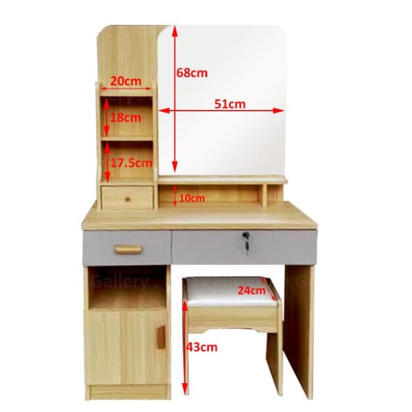 The detail dimension of Dressing Table with 3 drawers and cushioned stool