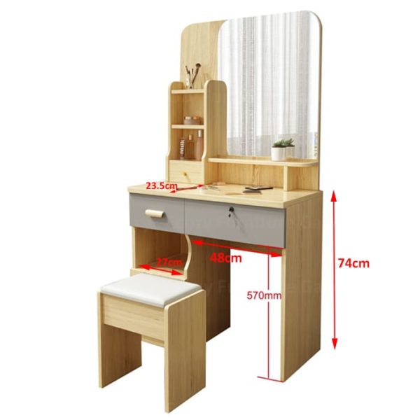 The detail dimension of Dressing Table with 3 drawers and cushioned stool