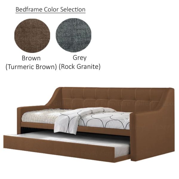 A modern, pull out bed with a brown color upholstered frame, featuring a single pull out bed, and this 3 in 1 bed upholstered by water-repellent fabric with 2 different color selection