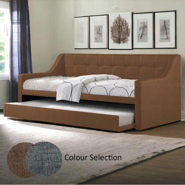 A brown 3 in 1 bed tufted button backrest in a room with wooden flooring and windows. The pull out bed is upholstered by water-repellent fabric with 2 different color selection