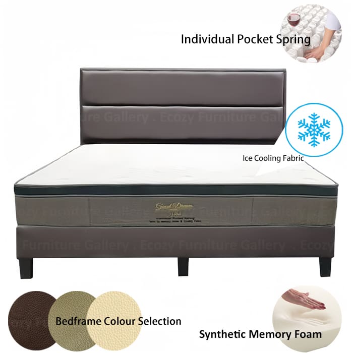 Bed frame mattress set featuring a ice cooling fabric and individual pocket spring branded mattress, with a selection of bedframe colors