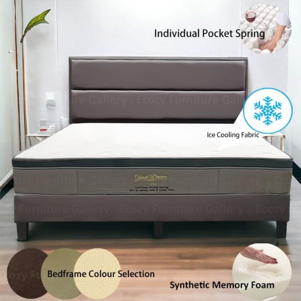 Bed frame mattress set featuring a ice cooling fabric and individual pocket spring branded mattress, with a selection of bedframe colors