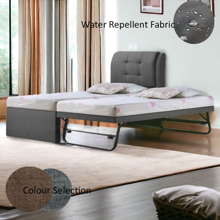 Image of a grey 3 in 1 bed with a tufted button backrest and black metal lift-up legs. The pull out bed is upholstered by water-repellent fabric, with 2 different color selection