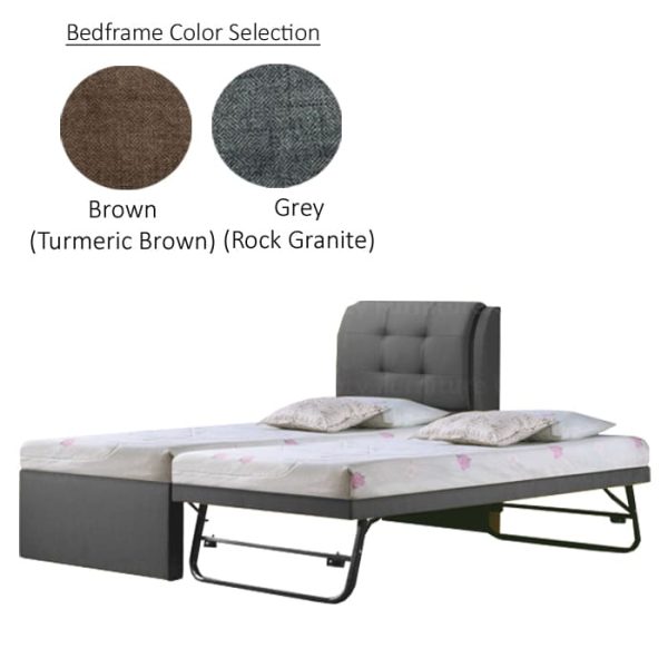 A modern, pull out bed with a grey upholstered frame, featuring a single pull out bed, and this 3 in 1 bed also comes in 2 different color