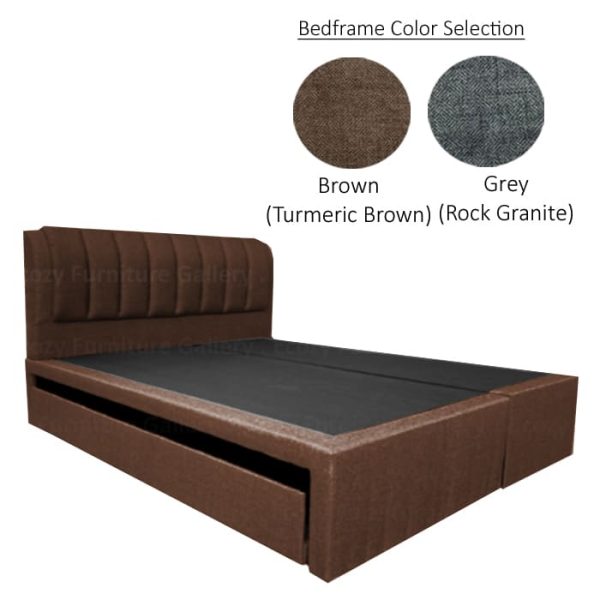 A brown water-repellent fabric upholstered 3 in 1 bed frame is shown with a padded headboard and a single pull out bed