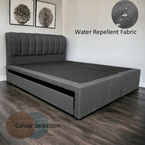 A grey water-repellent fabric upholstered 3 in 1 bed frame is shown with a padded headboard and a single pull out bed