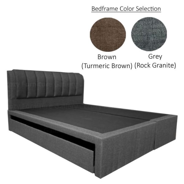 A grey water-repellent fabric upholstered 3 in 1 bed frame is shown with a padded headboard and a single pull out bed