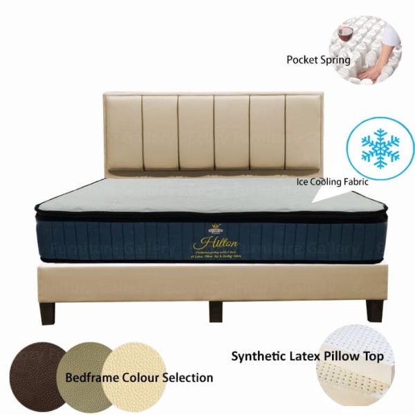 Bed frame mattress set featuring a ice cooling fabric and individual pocket spring branded mattress, with a selection of bedframe colors