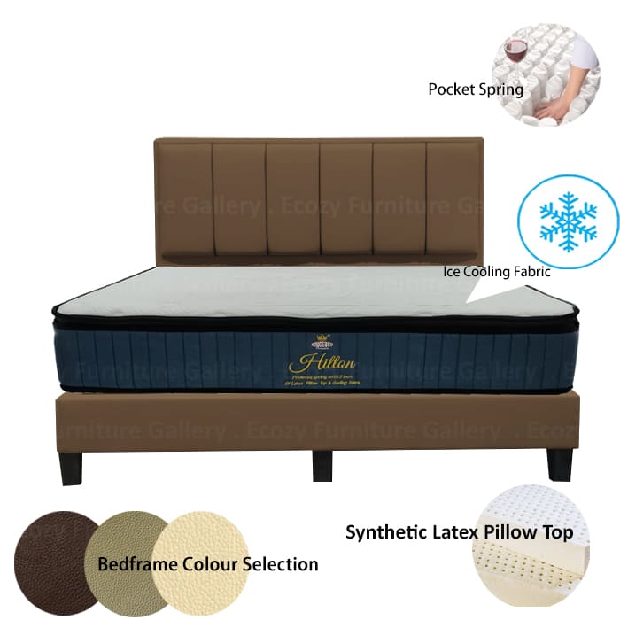 Bed frame mattress set featuring a ice cooling fabric and individual pocket spring branded mattress, with a selection of bedframe colors