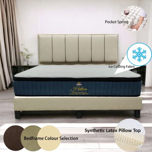 Bed frame mattress set featuring a ice cooling fabric and individual pocket spring branded mattress, with a selection of bedframe colors