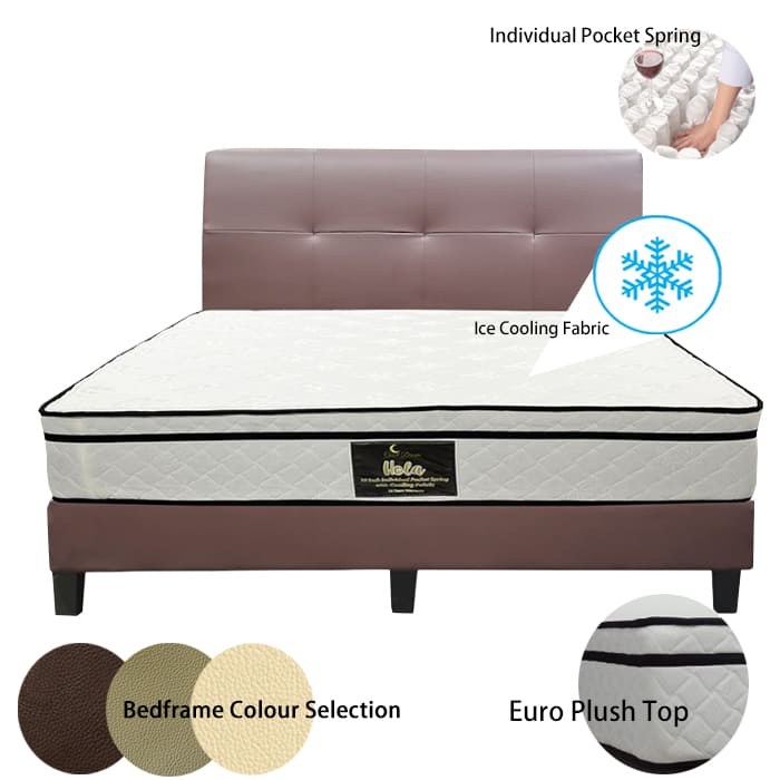 Bed frame mattress set featuring a ice cooling fabric and individual pocket spring branded mattress, with a selection of bedframe colors