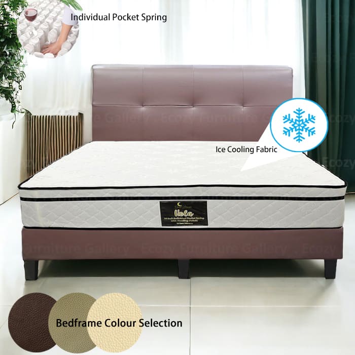 Bed frame mattress set featuring a ice cooling fabric and individual pocket spring branded mattress, with a selection of bedframe colors