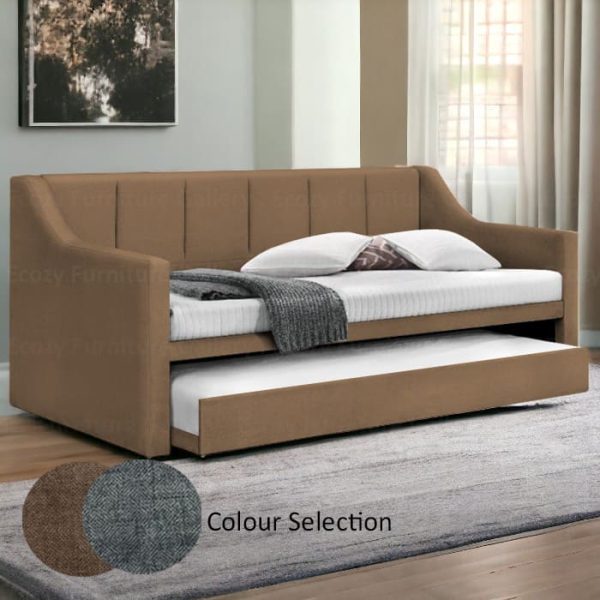 A brown 3 in 1 bed with a simple line back rest design in a room with wooden flooring and windows. The pull out bed is upholstered by water-repellent fabric with 2 different color selection