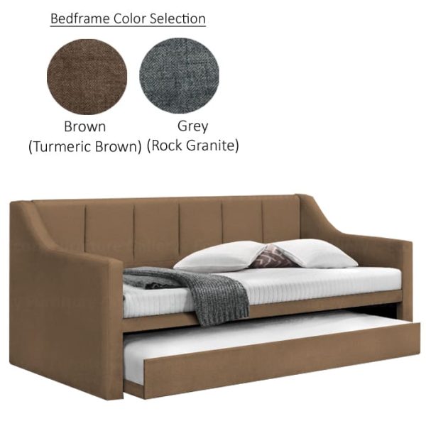 A modern, pull out bed with a brown color upholstered frame, featuring a single pull out bed, and this 3 in 1 bed also comes in 2 different color