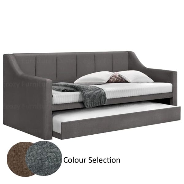 A modern, pull out bed with a grey color upholstered frame, featuring a single pull out bed, and this 3 in 1 bed also comes in 2 different color