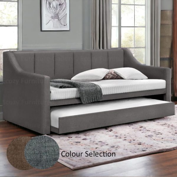 A grey Fabric Daybed / 3 in 1 bed with a simple line back rest design in a room with wooden flooring and windows. The pull out bed is upholstered by water-repellent fabric with 2 different color selection