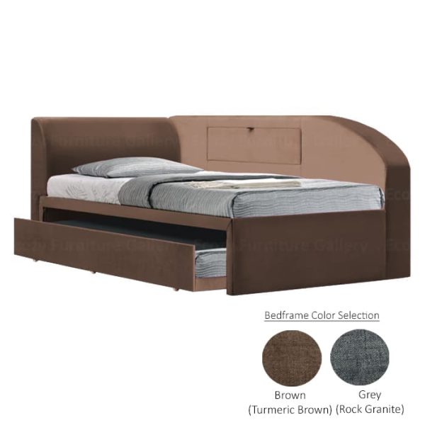 A modern, day bed with a brown upholstered frame, featuring a hidden storage cabinet on the side panel. This multi-purpose 3 in 1 bed also comes in 2 different color