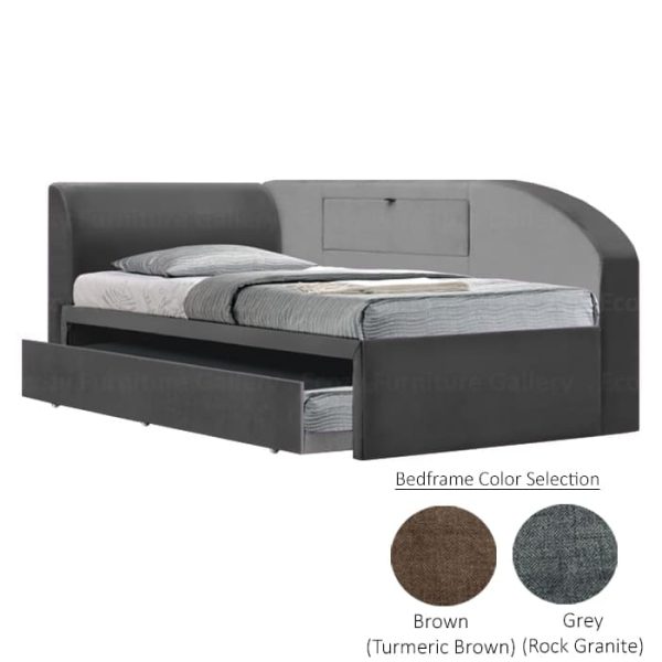 A modern, day bed with a grey upholstered frame, featuring a hidden storage cabinet on the side panel. This multi-purpose 3 in 1 bed also comes in 2 different color