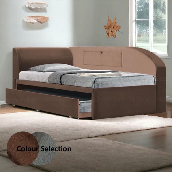 Simple and plain design of 3 in 1 bed with a single size pull out bed, with white sheets in a cozy bedroom