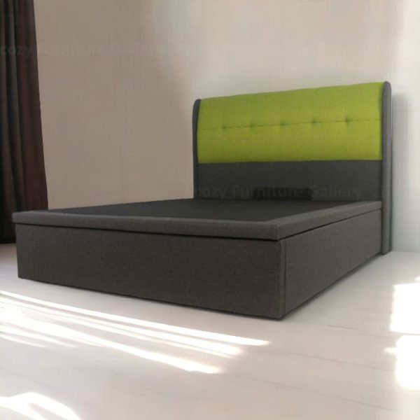 Storage Bed Singapore - a grey color fabric storage bed frame with the wingback design heaboard with a white floor in the background