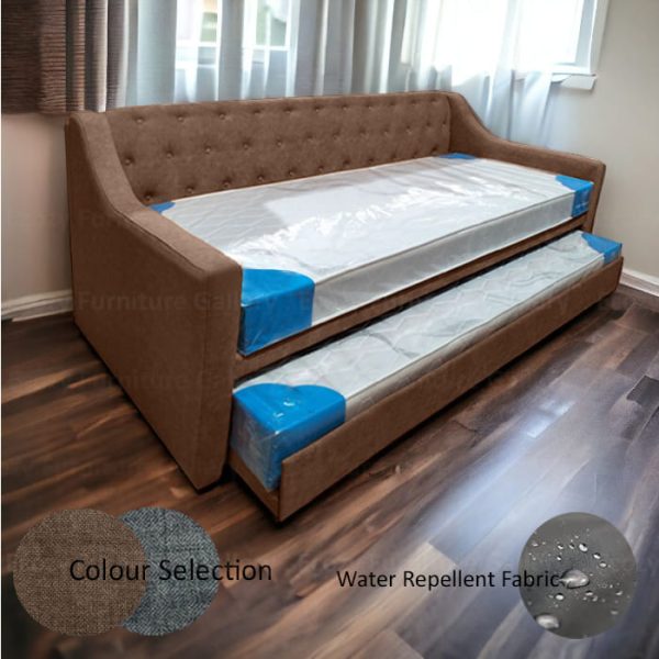 A brown color 3 in 1 bed with a tufted button backrest in a room with wooden flooring and windows. The pull out bed is upholstered by water-repellent fabric