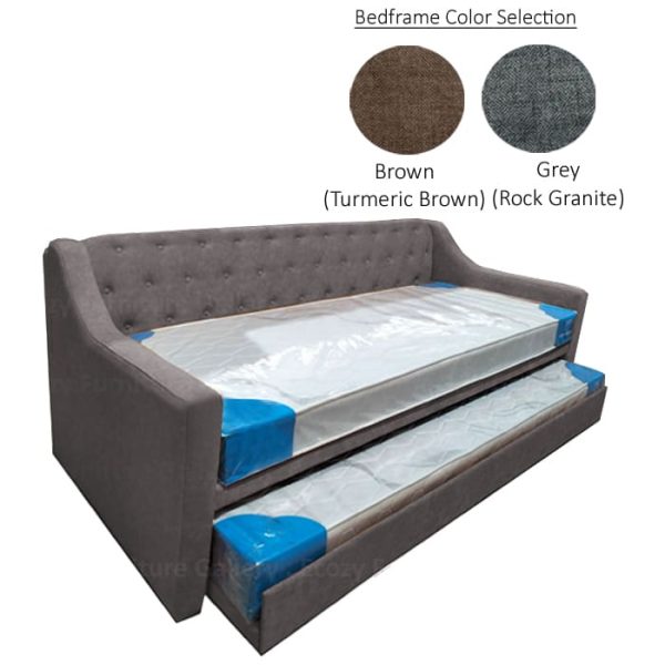 Image of a grey 3 in 1 bed with a tufted button backrest and single pull out bed. The pull out bed is upholstered by water-repellent fabric, with 2 different color selection