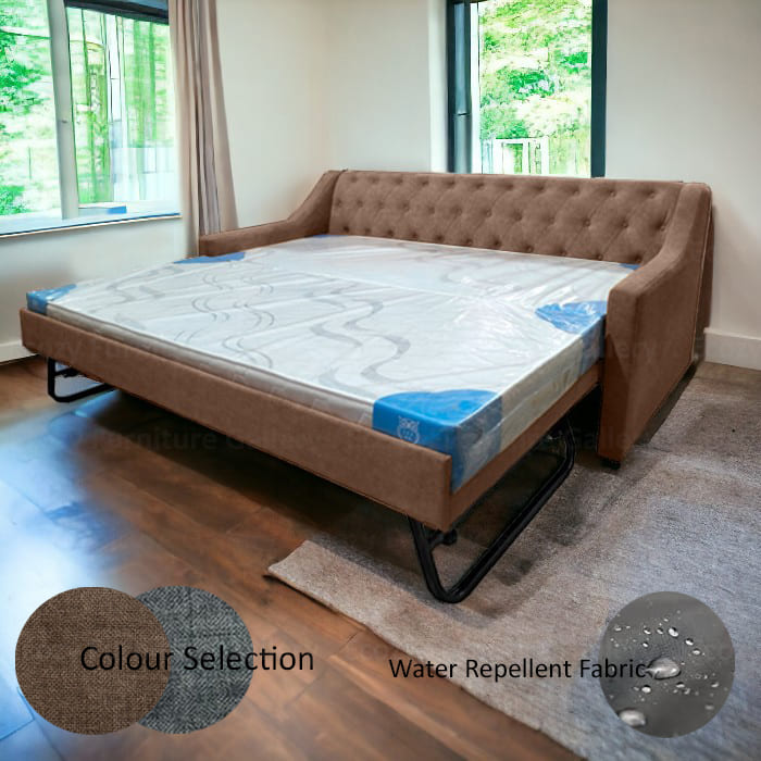 A brown 3 in 1 bed with a tufted button backrest in a room with wooden flooring and windows. The pull out bed is upholstered by water-repellent fabric