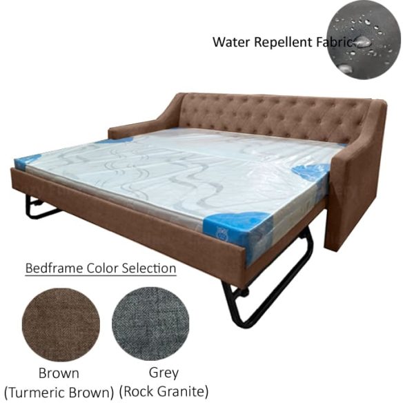 Image of a brown 3 in 1 bed with a tufted button backrest and black metal lift-up legs. The pull out bed is upholstered by water-repellent fabric, with 2 different color selection