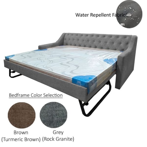 Image of a grey 3 in 1 bed with a tufted button backrest and black metal lift-up legs. The pull out bed is upholstered by water-repellent fabric, with 2 different color selection