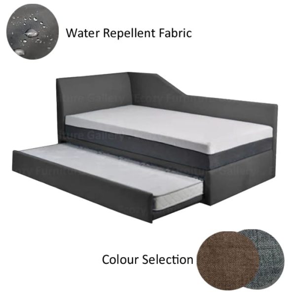 A modern, pull out bed with a grey color upholstered frame, featuring a single pull out bed, and this 3 in 1 bed upholstered by water-repellent fabric with 2 different color selection