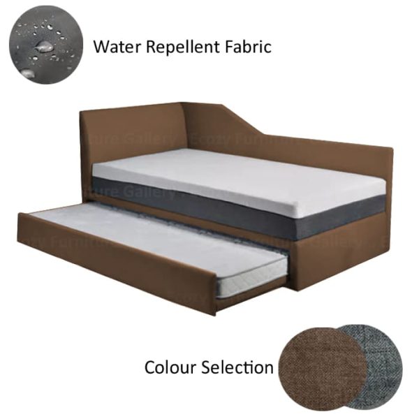 A modern, pull out bed with a brown color upholstered frame, featuring a single pull out bed, and this 3 in 1 bed upholstered by water-repellent fabric with 2 different color selection