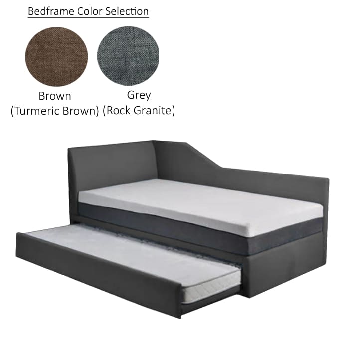 A modern, pull out bed with a grey color upholstered frame, featuring a single pull out bed, and this 3 in 1 bed upholstered by water-repellent fabric with 2 different color selection