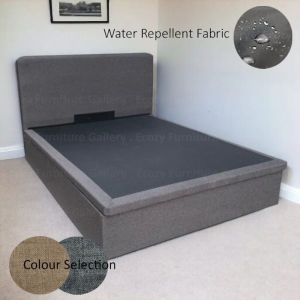 Storage Bed Singapore - A grey upholstered storage bed frame with a simple and plain headboard. The storage bed is upholstered by water-repellent fabric, with 2 different color selection