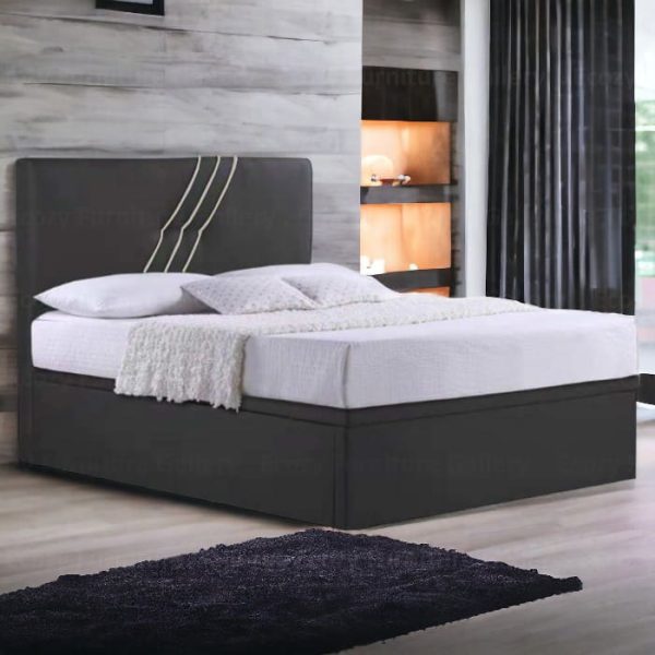 Storage Bed Singapore - Black color of simple design water repellent storage bed frame with white sheets on a grey wooden floor, with a modern bedroom in the backgroud