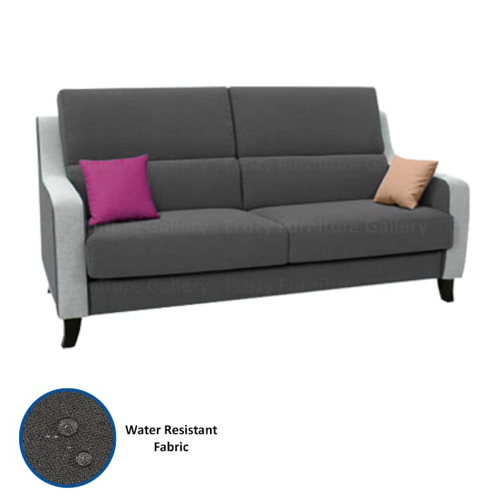 A dark grey water repellent fabric sofa with light grey arms and base, upholstery with water repellent fabric, it's ideal for any home in Singapore