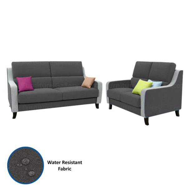 A dark grey water repellent fabric sofa with light grey arms and base, upholstery with water repellent fabric, it's ideal for any home in Singapore