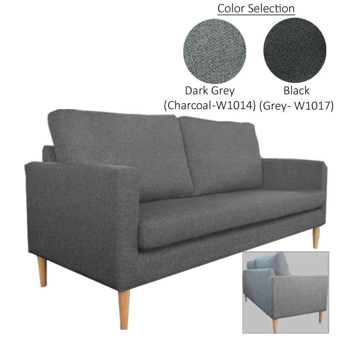 A modern grey water repellent fabric sofa with wooden legs. The sofa is shown in dark grey fabric. The image inset shows a back and side view