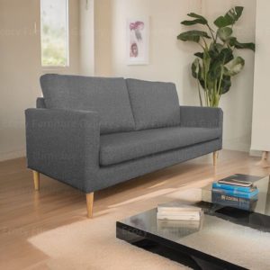 A modern grey water repellent fabric sofa with wooden legs, and the sofa is shown in dark grey fabric