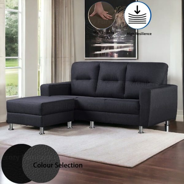 black color 3 seater faux leather sofa with stool