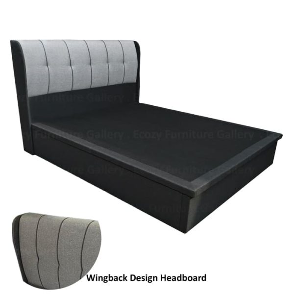 Storage Bed Singapore - a grey color fabric storage bed frame with the wingback design heaboard and storage compartment