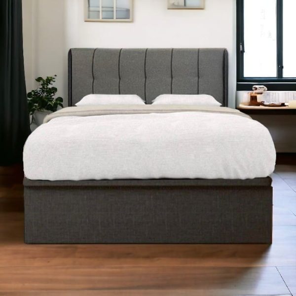 Storage Bed Singapore - a elegent design of storage bed frame with white sheets on a dark wooden floor, with a modern bedroom in the backgroud