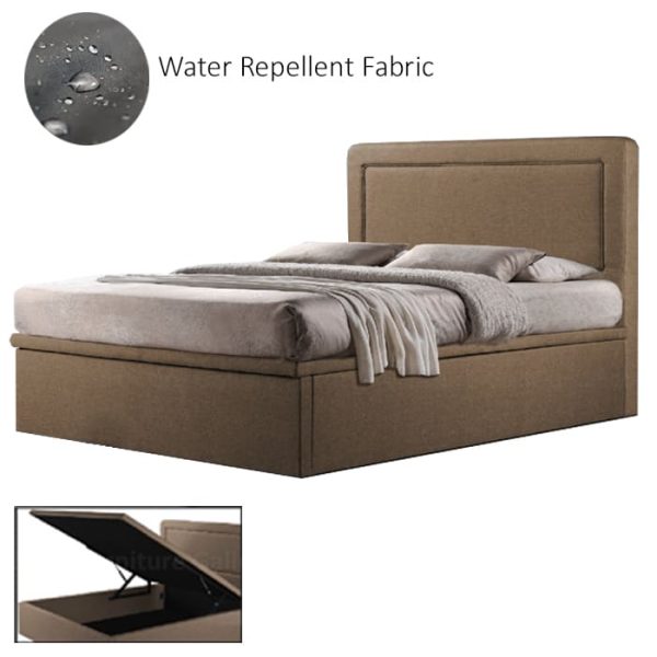 Storage Bed Singapore - A brown upholstered storage bed frame with a simple and plain headboard. The storage bed is upholstered by water-repellent fabric, with 2 different color selection