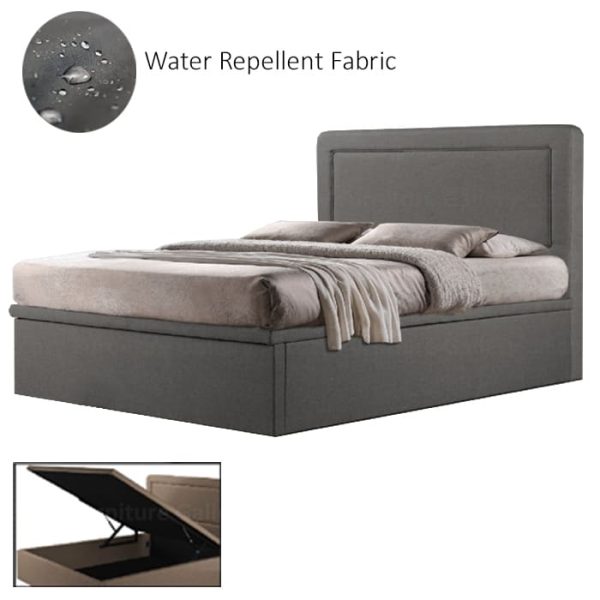 Storage Bed Singapore - A grey upholstered storage bed frame with a simple and plain headboard. The storage bed is upholstered by water-repellent fabric, with 2 different color selection