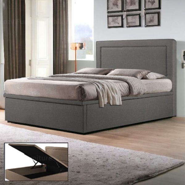 Storage Bed Singapore - Grey color of simple design water repellent storage bed frame with white sheets on a brown wooden floor, with a modern bedroom in the backgroud