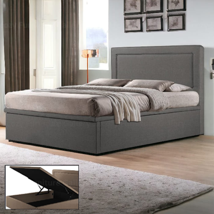 Storage Bed Singapore - Grey color of simple design water repellent storage bed frame with white sheets on a brown wooden floor, with a modern bedroom in the backgroud