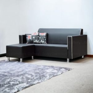 Simple and Plain design of 3 seater Faux Leather Sofa come with a stool and 2 piece of throw cushion